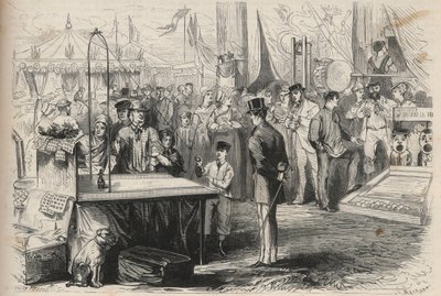 Keizerlijke Prins Eugene Louis Joseph (1856-1879) op het feest van Fontainebleau. Hij probeert een pop te ontcijferen met behulp van een bal aan een touw. Gravure in 