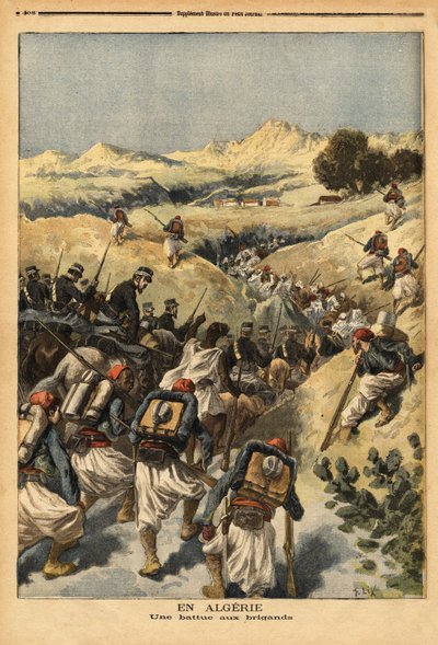 In Algerije, een bataljon georganiseerd door een heel bataljon Zouaven, versterkt door de cavalerie, om Areski ben Bashir te vangen door Unknown artist