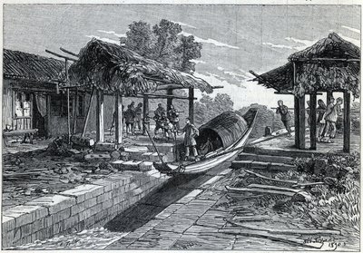Hellend vlak voor boten in Ning-Po (of Ning Po in China). Gravure in 