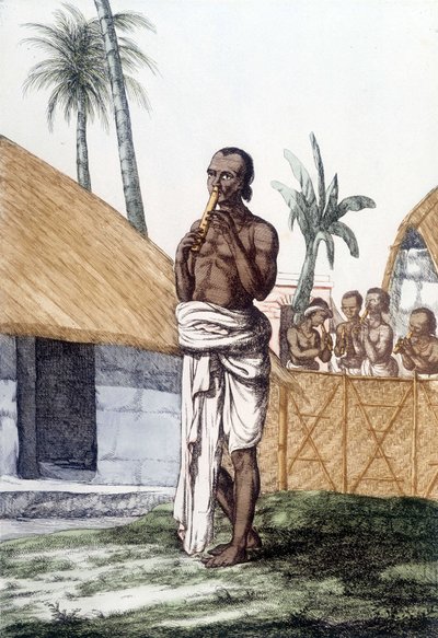 Indiase cultuur en beschaving: muzikant die de bansuri-fluit bespeelt, traditioneel muziekinstrument, India. Gravure 1808 door Unknown artist