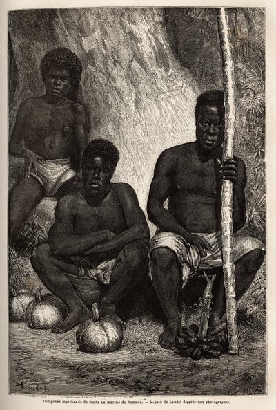Inheemse fruitverkoper, op de markt van Noumea (Nieuw-Caledonië). Gravure ter illustratie van de reis naar Nieuw-Caledonië van 1863 tot 1866, door Jules Garnier, civiel ingenieur van mijnen, in 