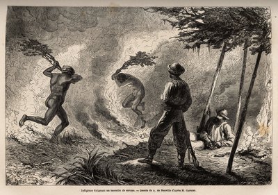 Inheemse Kanaks staken een savannebrand aan, die ze zelf aanstaken om muggen te verjagen, voor de ogen van de verteller en zijn reisgenoot. Gravure ter illustratie van de reis naar Nieuw-Caledonië van 1863 tot 1866, door Jules Garnier, civiel ingenieur van door Unknown artist
