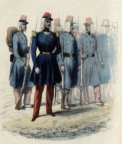 Infanterie van het Franse leger in 1830 in Algerije, officier, onderofficieren en soldaten, in 