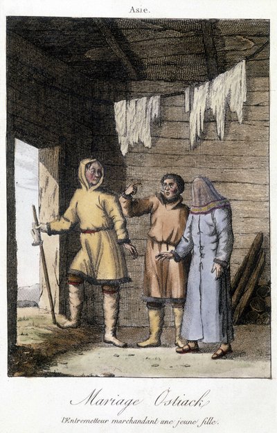 Tussenpersoon onderhandelt over een jong meisje voor een huwelijk Ostiak (Khanty of Khante) (Paleosiberische jagersstam gevestigd in het bosgebied van de midden Ob-vallei) door Unknown artist