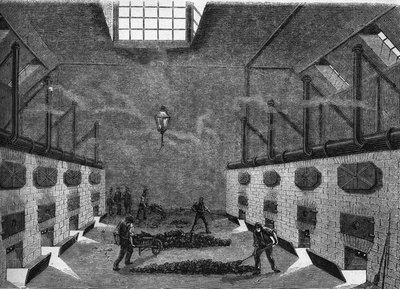 Interne weergave van een gasfabriek. Gravure uit 1860-1861. door Unknown artist