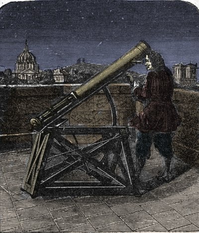 Isaac Newton (1642-1727) Engelse natuurkundige die zijn telescoop gebruikt. door Unknown artist