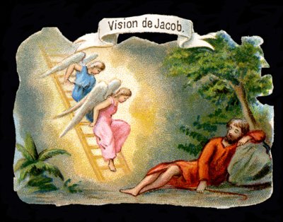 Jakobs visioen voorgesteld door engelen die uit de hemel afdalen via een ladder. Chromolithografie uit de 19e eeuw. door Unknown artist