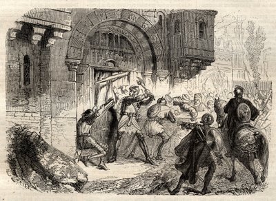 Johannes II Comnenus, Byzantijnse keizer - De keizer Johannes II Comnene (1087-1143) aan het hoofd van de Grieken die de deur van zijn paleis in Constantinopel openen - gravure in 