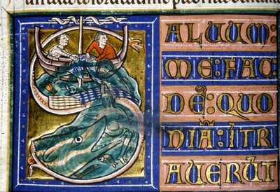 Jona wordt in zee gegooid en verslonden door een grote vis. 14e-eeuws manuscript. Gemeentelijke Bibliotheek van Vercelli door Unknown artist
