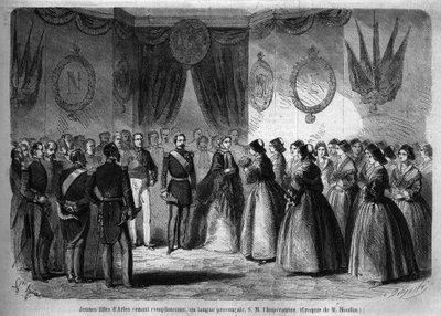 Reis van keizer Napoleon III (1808-1873) en zijn vrouw Eugenie de Montijo (1826-1920) naar het hertogdom Savoye na de annexatie van het graafschap Savoye (Maart Turijn Verdrag): hier bezoekt het keizerlijk paar Arles en ontmoet jonge meisjes uit de regio door Unknown artist