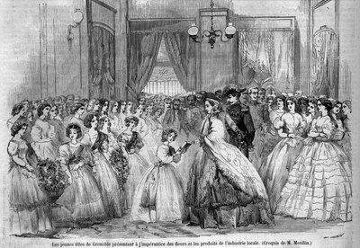 Reis van keizer Napoleon III (1808-1873) en zijn vrouw Eugenie de Montijo (1826-1920) naar de hertog van Savoye na de annexatie van het graafschap Savoye (Maart Turijn Verdrag): hier ontmoet het keizerlijk paar in Grenoble jonge meisjes die kwamen om te pr door Unknown artist