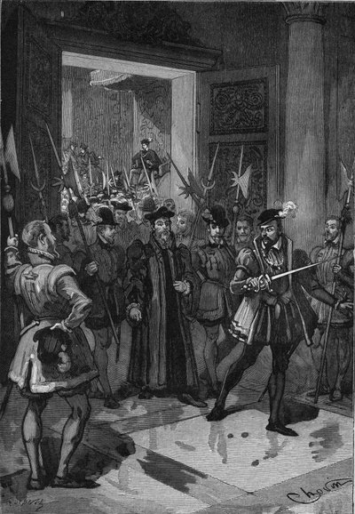 Koning van Frankrijk Hendrik II (1519-1559), in het midden, beveelt zijn connétable om de adviseurs te arresteren. Gravure uit de 19e eeuw. In “Histoire de France” door Jules Michelet door Unknown artist