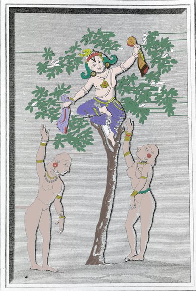 Krishna steelt de jurken van twee gopi. L. M. Langlès: 