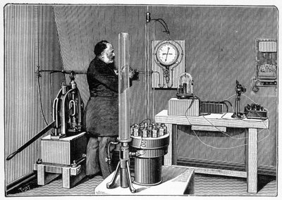 Laboratorium geïnstalleerd op de begane grond in de westelijke pilaar van de Eiffeltoren - gravure door Unknown artist