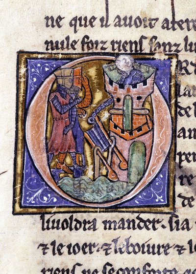 Lancelot bovenop een toren. Manuscript: Verovering van de Heilige Graal, geschreven 717 jaar na de passie van onze heer. Bibliothèque municipale de Rennes, ms. 255 (Collectie van romans van de Ronde Tafel); Parijs door Unknown artist