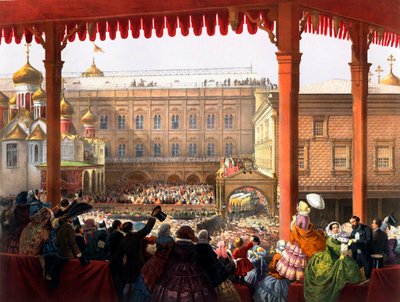De kroning van keizer Alexander II op 18/02/1855, menigte door Unknown artist