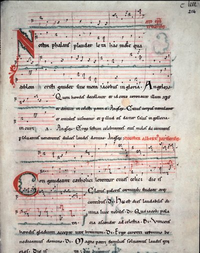 Folder van een pelgrimsgids met teksten van de pelgrimstocht naar Santiago de Compostela (Santiago de Compostella) Fol. 214 r. Uit een 13e-eeuws manuscript. Archief van de kathedraal van Santiago de Compostela (Santiago de Compostela), Spanje door Unknown artist