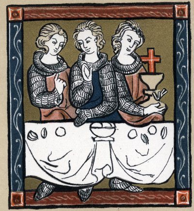Arthurlegende: Galahad (Gaalad of Galaad), Perceval en Bohort (Bors of Borrt) met de Heilige Graal. In 