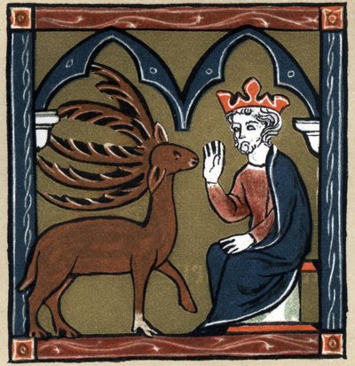 Arthurlegende: Merlin verandert in een hert en bezoekt Julius Caesar. In 