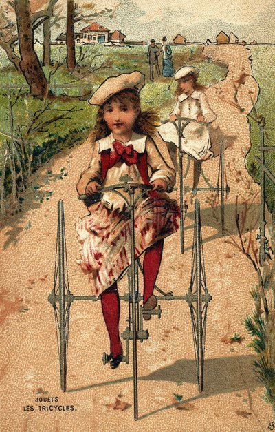 Meisjes op driewielers. Chromolithografie rond 1890 door Unknown artist