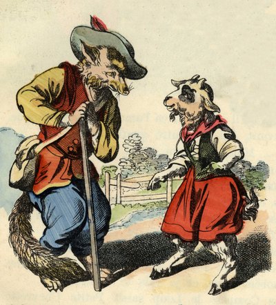 Klein geitje praat met Meester Vos (illustratie van het sprookje 