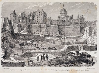 Locatie van het Gallo-Romeinse circus daterend uit de 3e eeuw voor de christelijke jaartelling, ontdekt in 1870, tijdens het boren van Rue Monge door Unknown artist