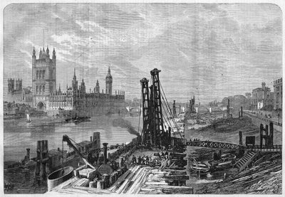 Londen, bouw van dokken aan de zuidoever van de Theems, tegenover de administratieve stad Westminster aan de noordelijke oever. In 