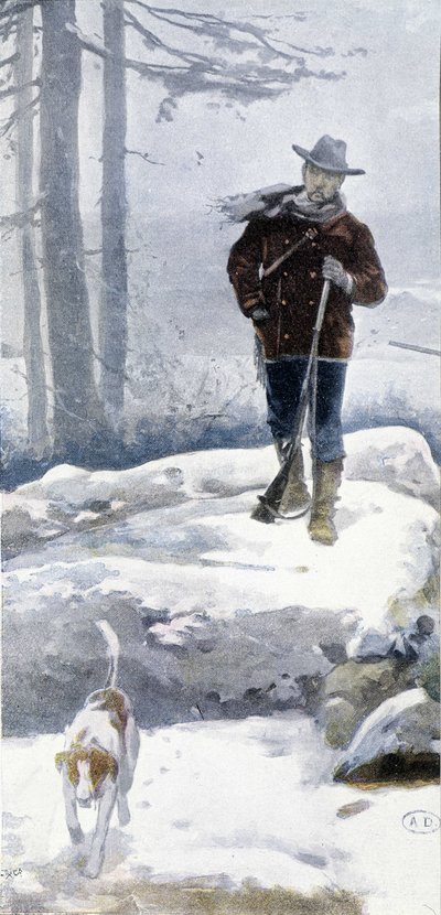 Eenzame jager met hond in een besneeuwd landschap, eind 19e eeuw door Unknown artist
