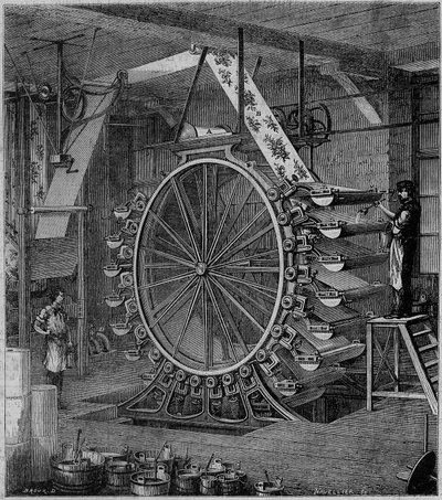 Machine voor het drukken van behang in twintig kleuren. Gravure in Les merveilles de l