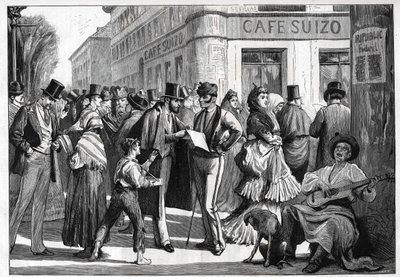 Madrid in 1873. Wandelaars op de hoek van Sevilla Straat en Alcala Straat. Gravure uit 1873. door Unknown artist