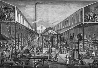 Belangrijke industrieën in de 19e eeuw: constructiewerkplaatsen voor zagerijen en werktuigmachines, van M. Arbey in Parijs in 1865 door Unknown artist