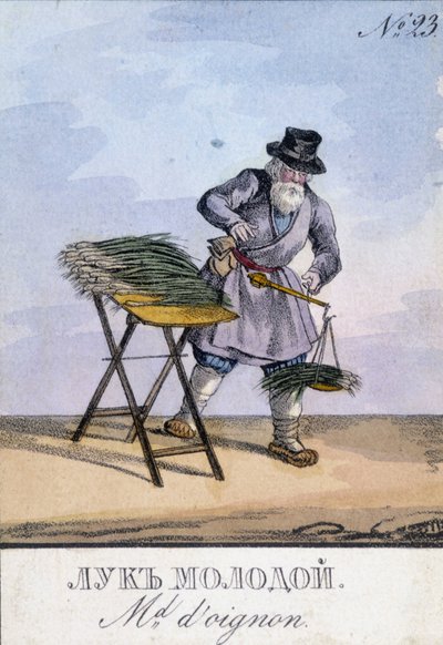Man die uien weegt op een weegschaal aan zijn riem. Illustratie van de 19e eeuw. Gravure van de 19e eeuw door Unknown artist