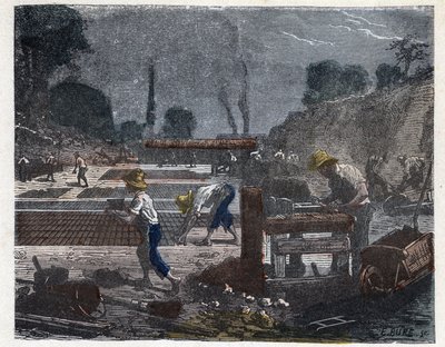 Fabricage van een baksteen in de 19e eeuw: de malwerker vult zijn mal met kleipasta, daarna plaatst de leerling de baksteen op de grond om te drogen. Gravure eind 19e eeuw door Unknown artist