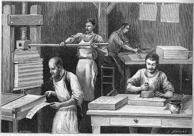Fabricage van speelkaarten volgens de oude methoden. door Unknown artist
