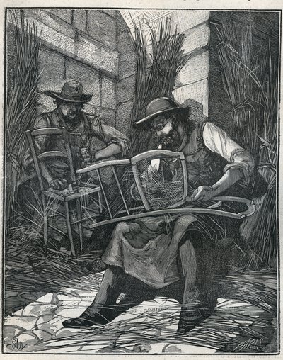 Stoelenfabricage: mulchen en vlechten van stoelen. Gravure uit 1885 in 