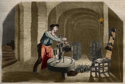 Productie van mousserende Champagnewijn: bottelmachine gebruikt in een kelder. Gravure uit 1858 in 