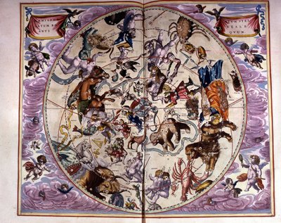 Kaart van de hemel en tekens van de dierenriem - facsimile van een oude compositie die de sterrenbeelden van de noordelijke hemel voorstelt, volgens de 