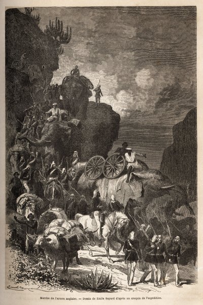 Mars van het Engelse leger naar het Dalanta-plateau, volgend op de troepen van keizer Theodoros (circa 1818-1868), met olifanten voor het transport van artilleriestukken. Gravure ter illustratie van het verhaal 