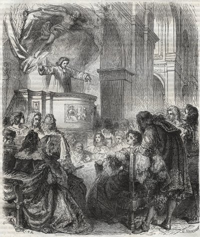 Marie de Rabutin-Chantal, markiezin van Sevigne, luistert naar Louis Bourdaloue in de kerk van de jezuïeten, Saint-Louis in Parijs - gravure uit 1866 door Unknown artist
