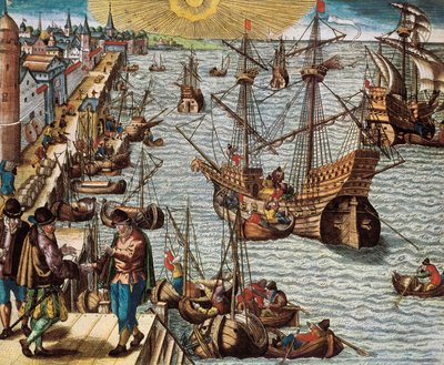Maritieme handel en handel met de Spaanse Indes (kolonie), in het bijzonder de teelt van suikerriet. Vertrek uit de haven van Lissabon naar Oost-Indië, Amerika en Brazilië door Unknown artist