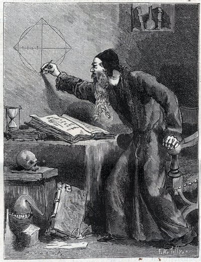Wiskunde en meetkunde: Wetenschappelijk onderzoeker van de kwadratuur van de cirkel in de 16e eeuw. Gravure in 