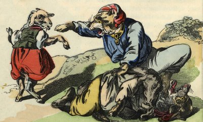Medor redt Kleine Chef van de wolf. Illustratie van het sprookje 