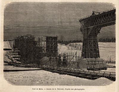 Meta-brug (Oekraïne), in aanbouw. Gravure ter illustratie van La Russie libre, door William Hepworth Dixon, in 1869, gepubliceerd in 