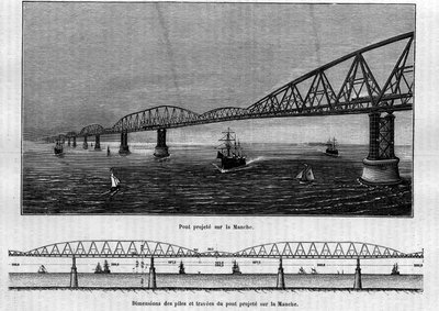 Metaalbrugproject over het Kanaal: bovenaan de brug eenmaal voltooid; onderaan de afmetingen van de pijlers en overspanningen van de geplande brug. Gravure in 