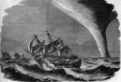 Meteorologisch fenomeen: een waterhoos op zee. Gravure door Linton in "The Illustrous World" nr. 49 van 20 maart 1858. door Unknown artist