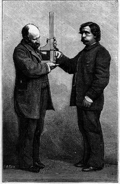 Methode voor identificatie van het lettertype: meting van de middelvinger met behulp van een schuifpasser. Gravure in "La Nature: revue des sciences et de leurs applications aux arts et a l