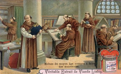 Middeleeuwse monnik die manuscripten schrijft. Chromolithografie, Liebig afbeelding door Unknown artist