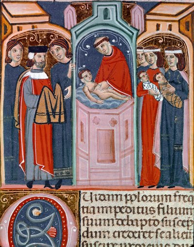 Miniatuur doopscène uit de Codex Justinianus, verzameling wetten en instellingen gepubliceerd onder de Romeinse keizer Justinianus I van Byzantium (483-565) door Unknown artist