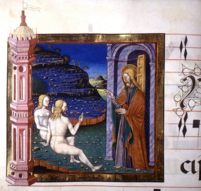 Miniatuur die de schepping van Adam en Eva door God voorstelt. Antifonarium. 15e eeuw. Biblioteca door Lodi door Unknown artist