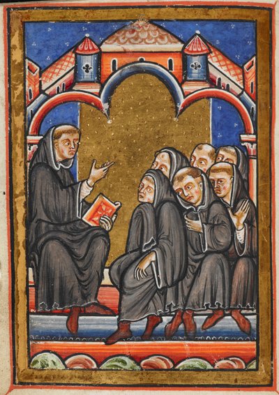 Miniatuur van Cuthbert die de monniken onderwijst in het klooster van Lindisfarne, uit Hoofdstuk 16 van Bede